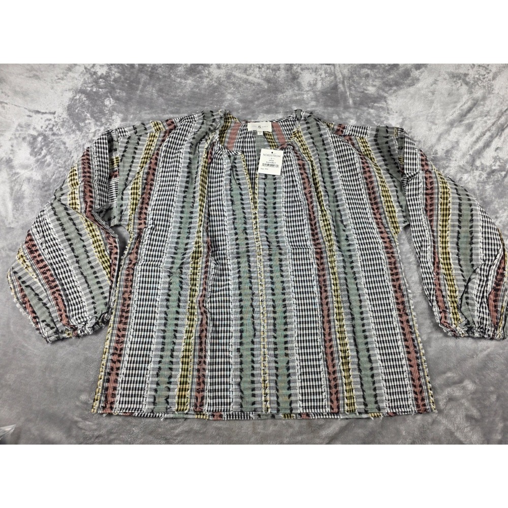 Lou & Grey Tunic Top Women XXS Boho Textured Fringe Split Neck NWT